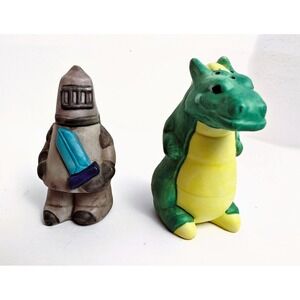 Knight and Dragon Ceramic Salt and Pepper Shakers Vintage Fantasy Set Not Used